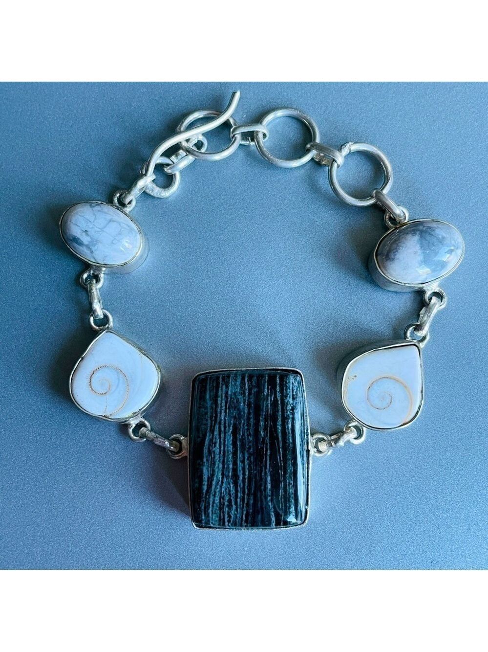 Zebra Jasper, Shiva Eye Shell, Gray Jasper Sterling Silver Toggle Bracel…